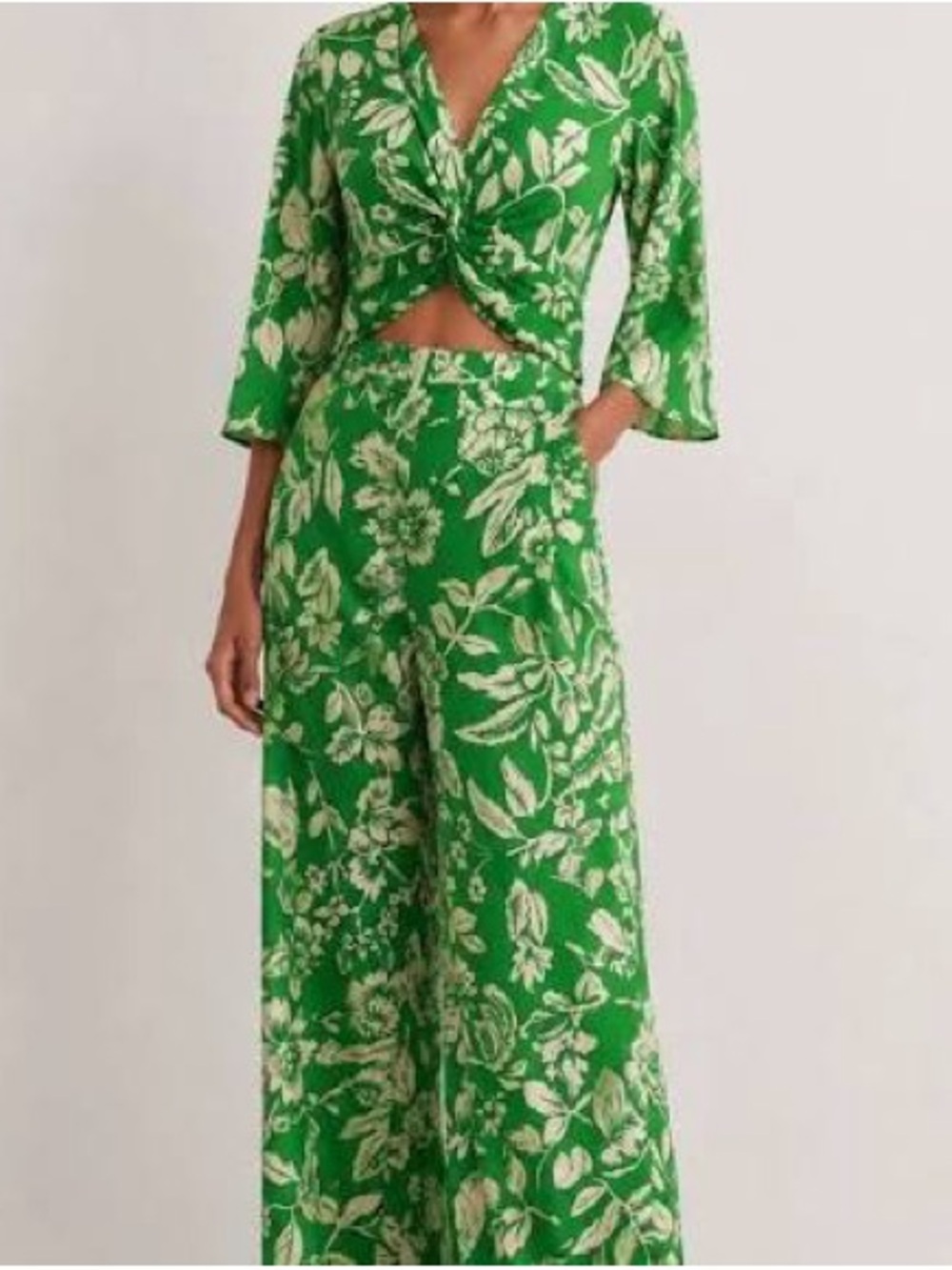 Zara Green and White Floral Twist-Front Jumpsuit